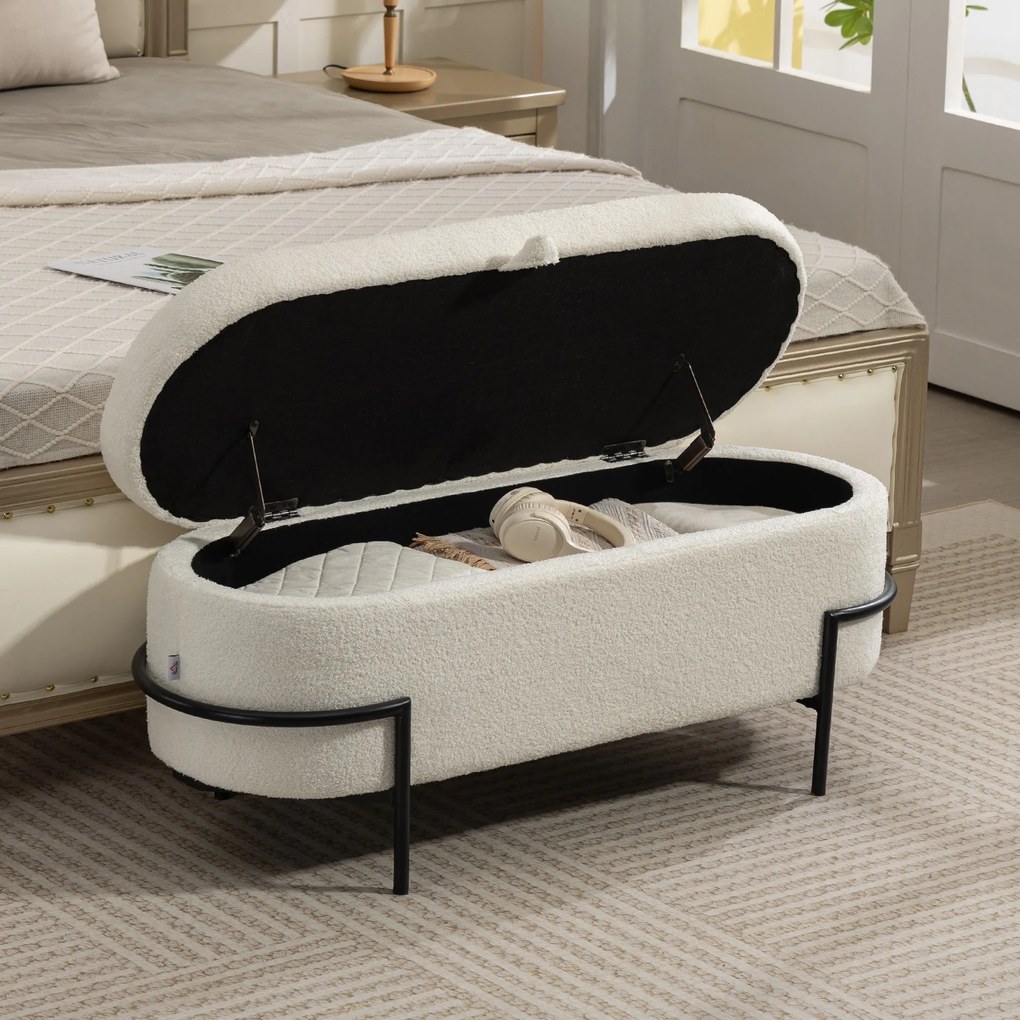 HOMCOM Pufa ze schowkiem, pufa z pokrywą i miejscem do przechowywania, metalowe nogi, pufa tapicerowana z pokryciem fleecowym, Kremowobiały