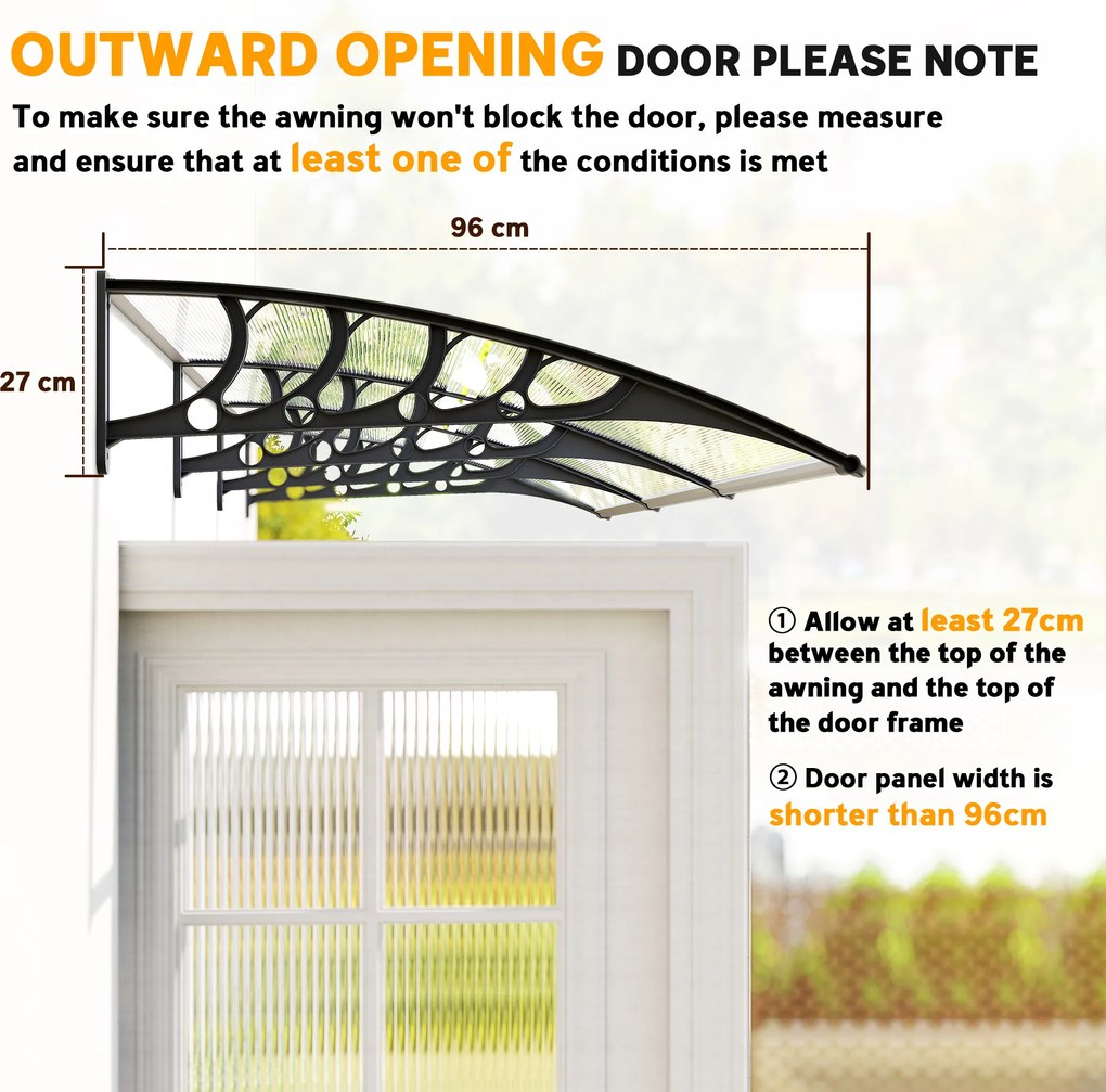 Outsunny Zadaszenie nad drzwi/fenster, odporne na warunki pogodowe, transparentne, Aluminium/Poliwęglan, 303x96x27cm, Czarne