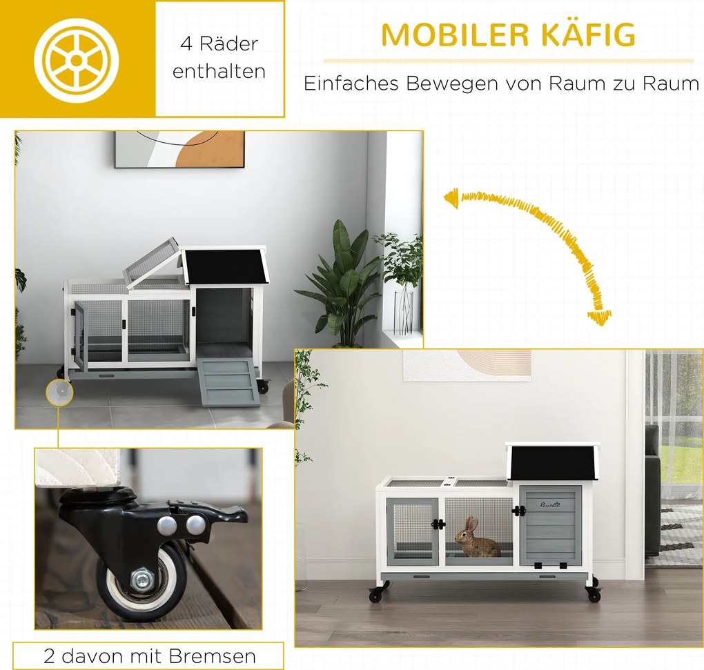 Domek dla małych zwierząt PawHut dla królików miniaturowych, świnek morskich, z kołami, 108 x 58 x 73,5 cm, szary