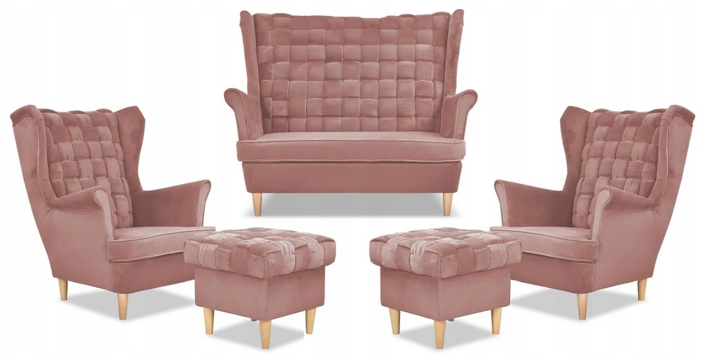 Zestaw wypoczynkowy Carol sofa fotele pufy paski Family Meble różowy