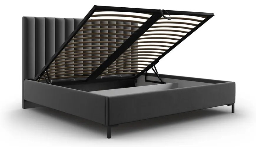 Ciemnoszare tapicerowane łóżko dwuosobowe ze schowkiem i stelażem 160x200 cm Casey – Mazzini Beds