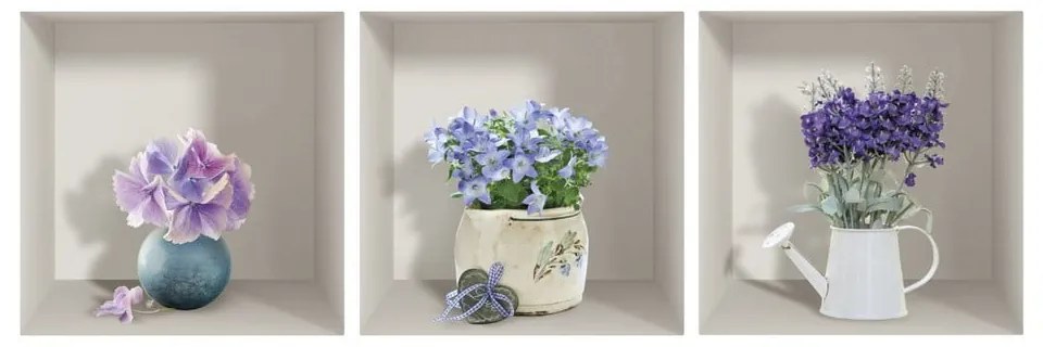 Komplet 3 naklejek ściennych 3D Ambiance Purple Bouquets