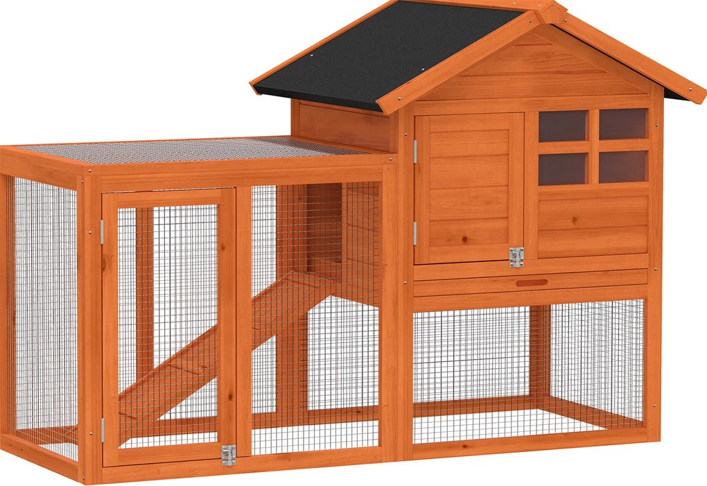 PawHut Domek dla królików 2 poziomy, drewniany domek z wodoodpornym dachem asfaltowym, wybieg, rampa, drzwi, 123,5 x 62,6 x 92,5 cm, pomarańczowy | Aosom PL