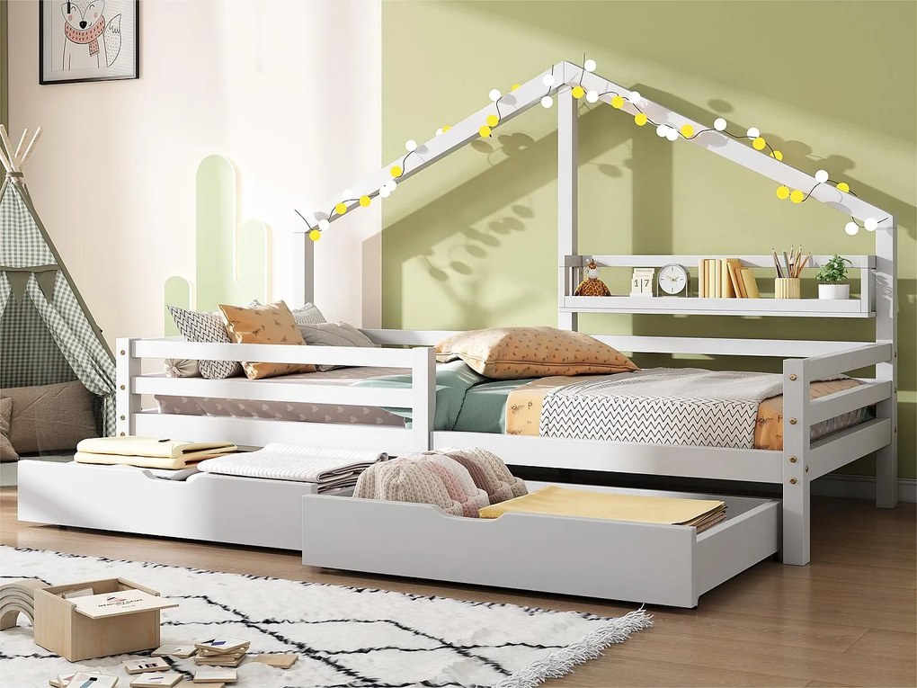Łóżko piętrowe 90x200cm z litego drewna - z półkami i 2 szufladami - Białe