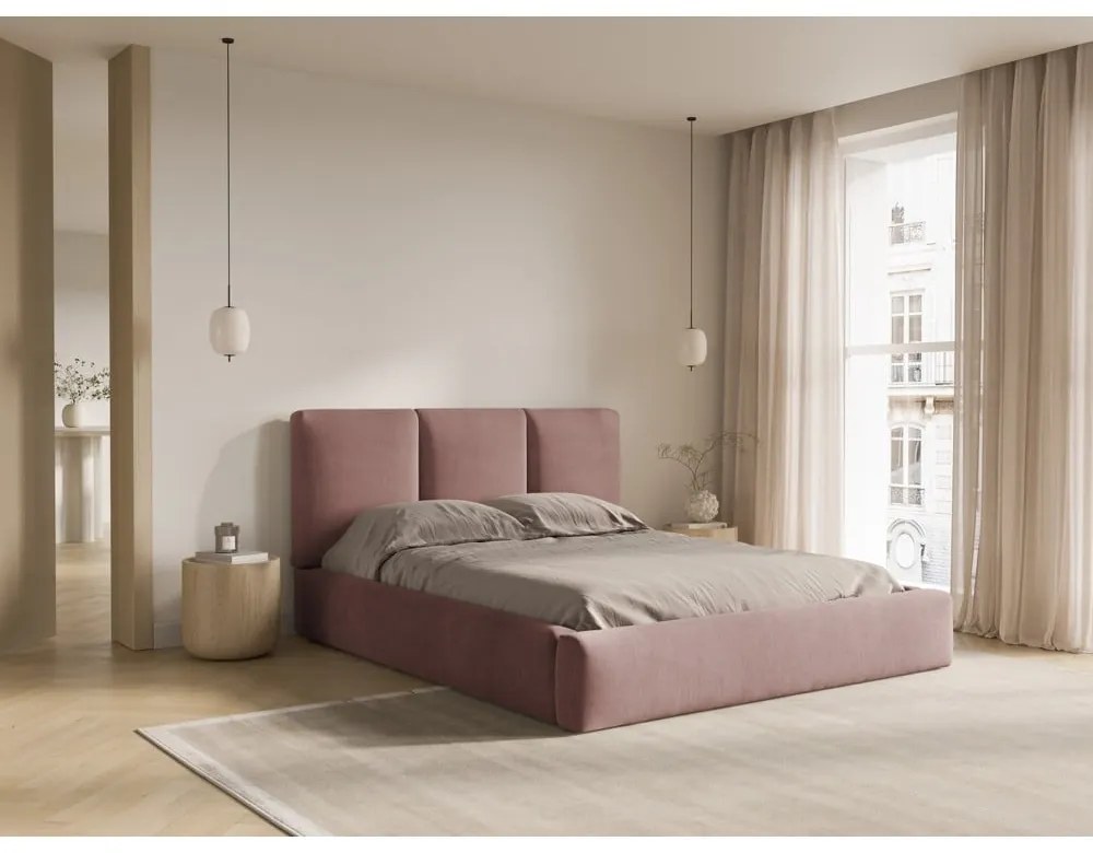 Jasnoróżowe tapicerowane łóżko dwuosobowe ze schowkiem i stelażem 200x200 cm Brody – Mazzini Beds