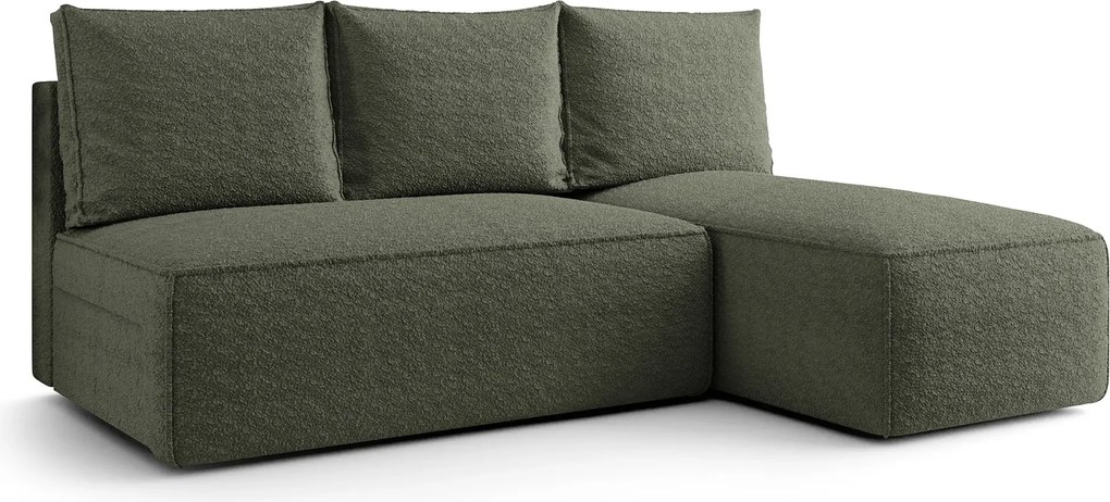 Zielona sofa narożna z funkcją spania i pojemnikiem E1-T47