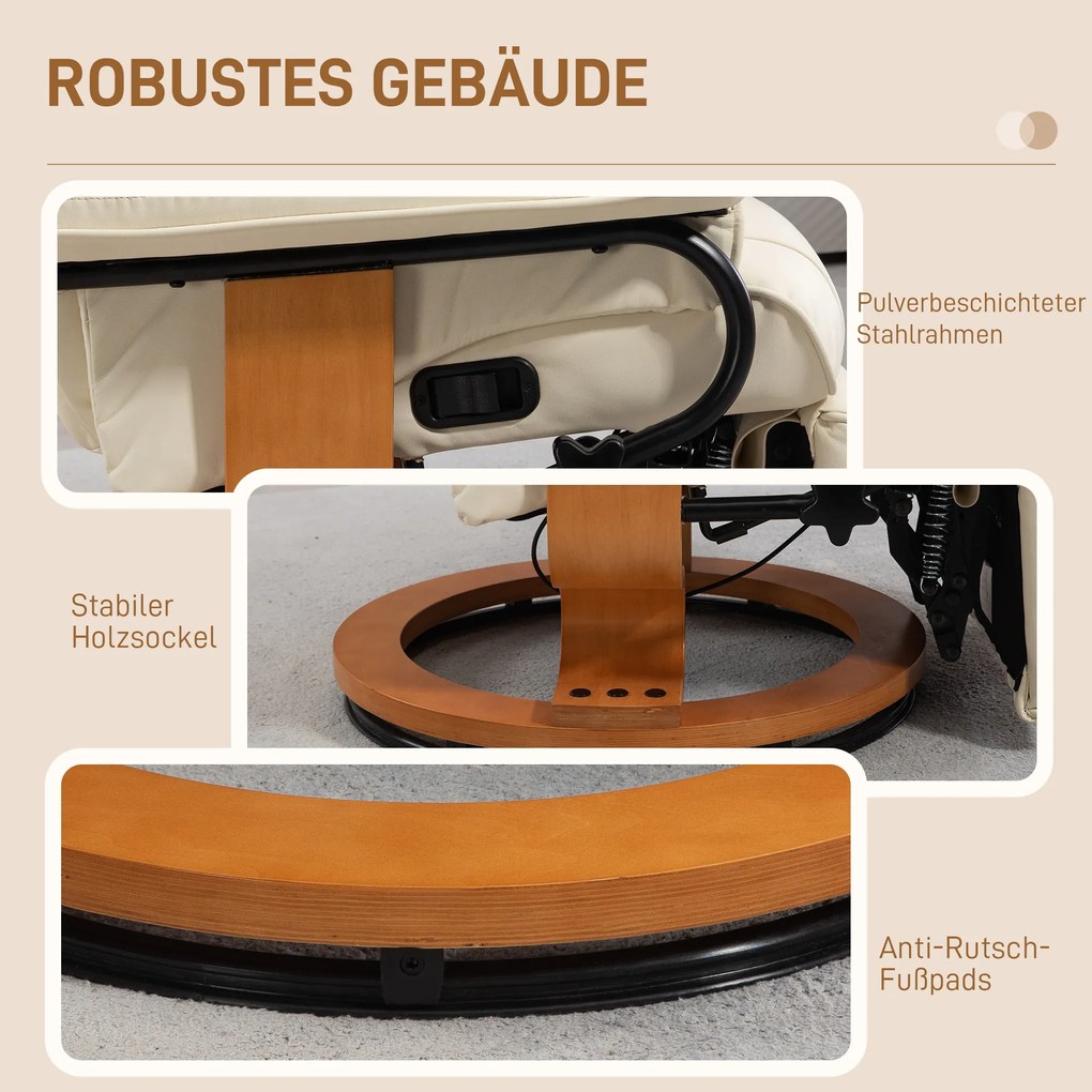 HOMCOM Obrotowy fotel relaksacyjny z funkcją leżenia, do 150 kg, obicie z ekoskóry, rama stalowa, kremowy