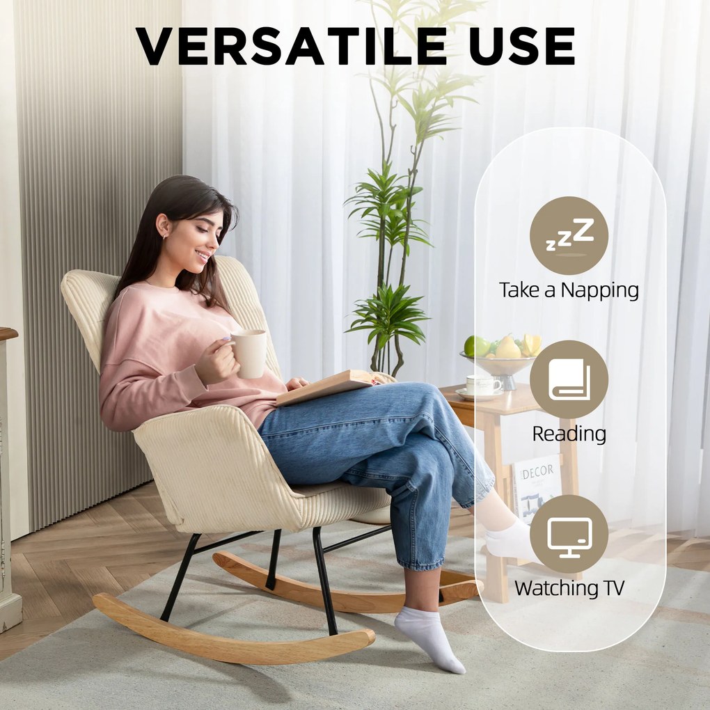 HOMCOM Vintage Fotel Huśtawkowy, Zakrzywione Płózki, Gruba Wyściółka, Buk i Stal, Beżowy