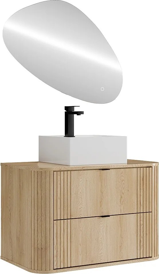 Szafka łazienkowa wisząca z kwadratową umywalką nablatową, baterią i lustrem - Jasny naturalny - 80 cm - FILOR