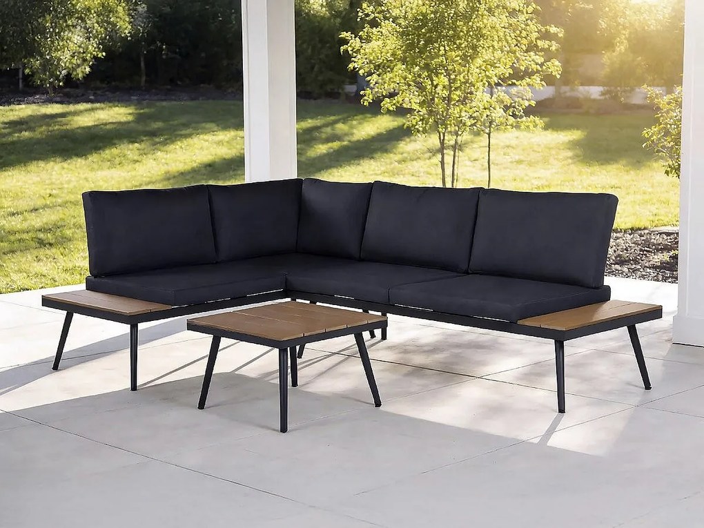 Modułowy zestaw ogrodowy Mira 4-osobowy szary z narożnikiem, grubymi poduszkami i stolikiem kawowym w stylu drewna