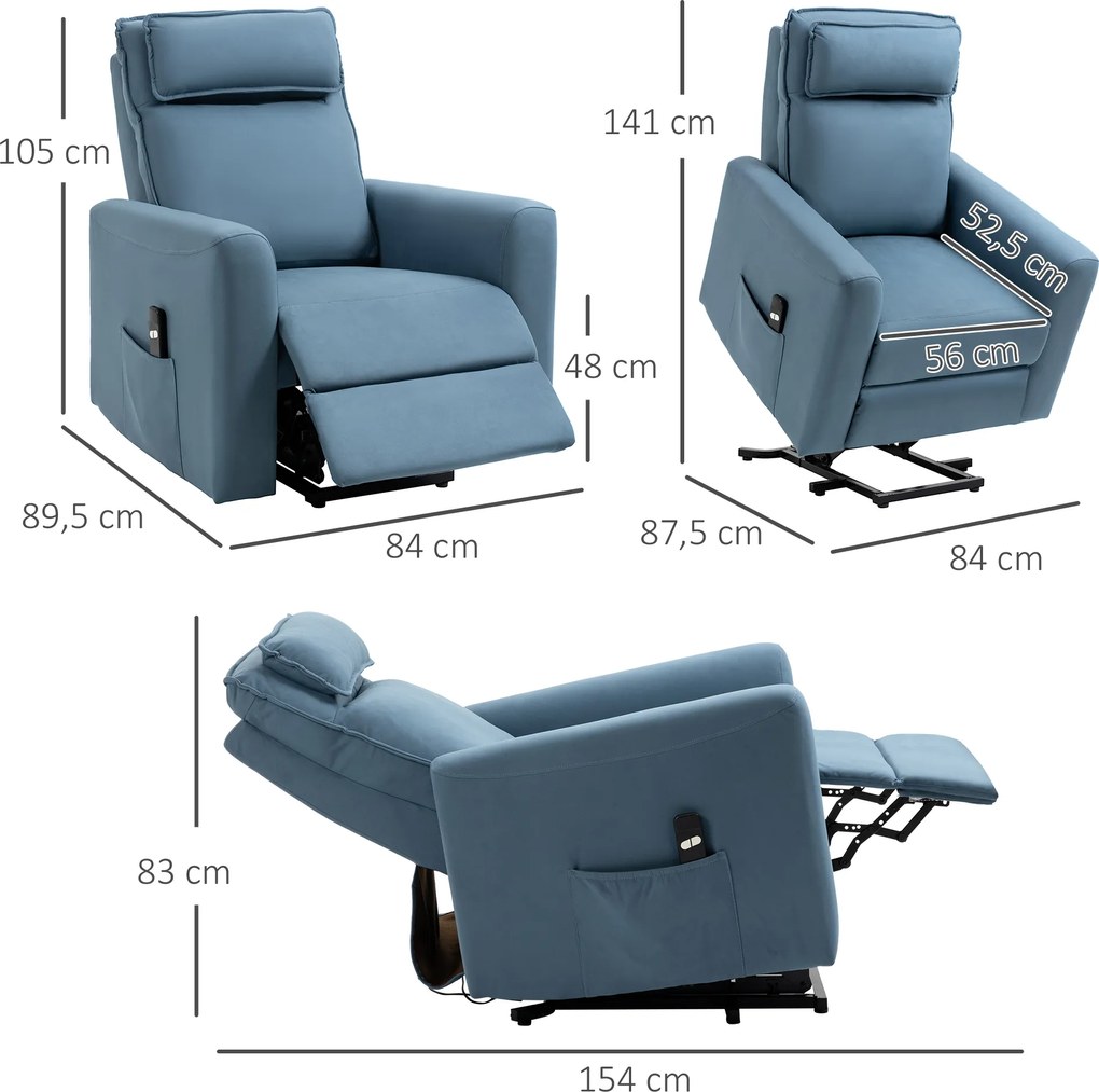 HOMCOM Fotel relaksacyjny z funkcją podnoszenia zintegrowany podnóżek pilot i kieszeń boczna niebieski | Aosom PL