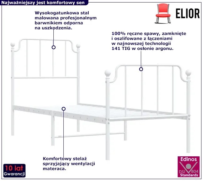 Białe metalowe łóżko jednoosobowe 90x200 cm Ernil 8X