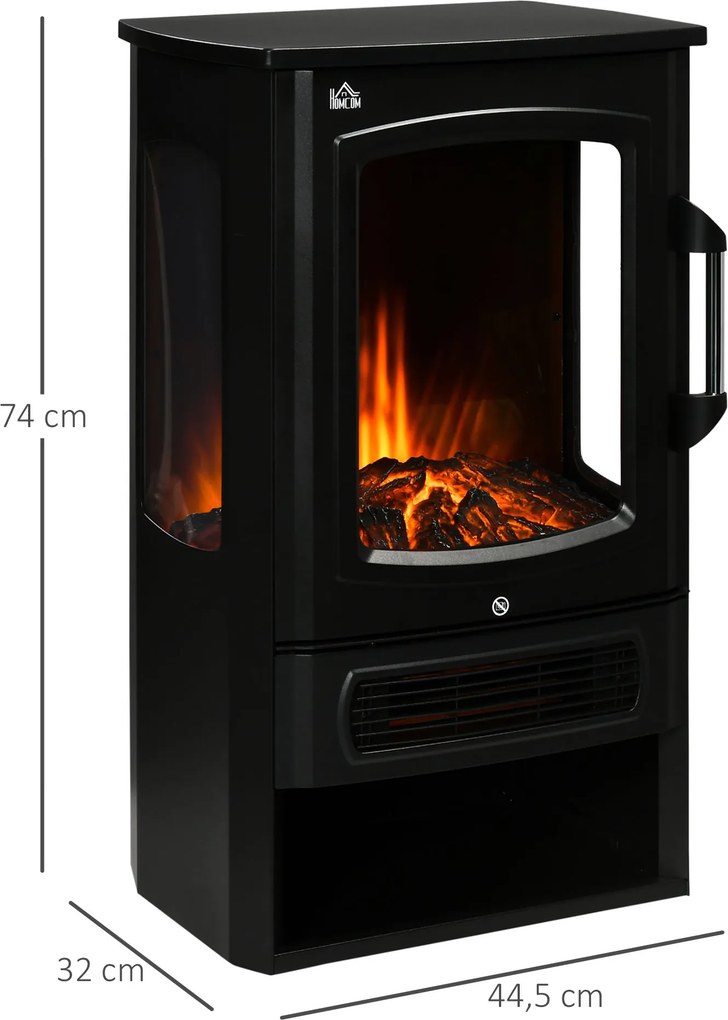 HOMCOM Elektryczny Kominek z Realistycznymi Płomieniami, 2 Poziomy Ogrzewania, Ochrona przed Przegrzaniem, Stal, Czarny, 44,5 x 32 x 74cm