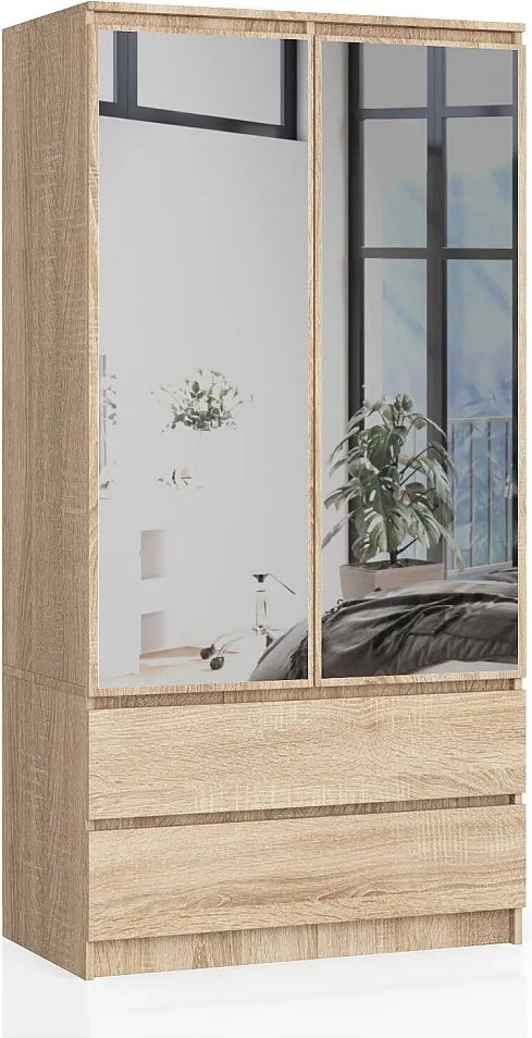 Szafa AKORD S90 Dąb Sonoma 90 cm z lustrem 2 drzwi 2 szuflady kolor Dąb Sonoma mat 4 półki 90x51x180 cm