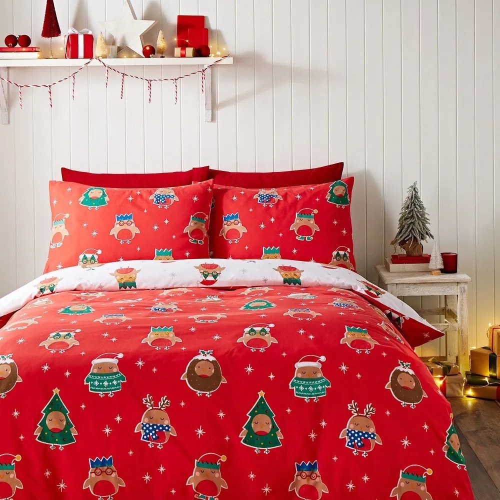 Czerwono-biała pościel dwuosobowa 200x200 cm Party Robins – Catherine Lansfield