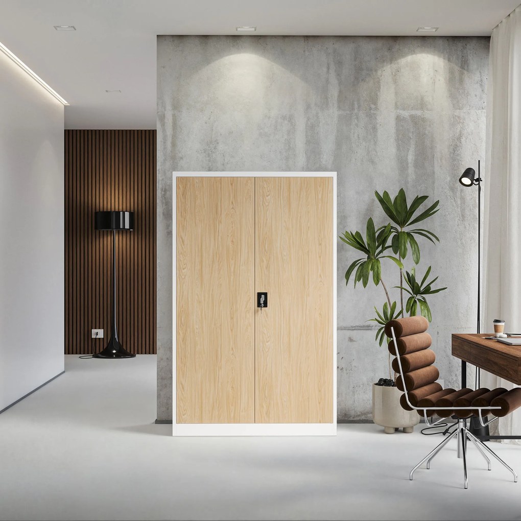 Szafa biurowa metalowa na akta, szeroka, biała/dąb sonoma, 1150x1850x400 mm: JAN II Eco Design