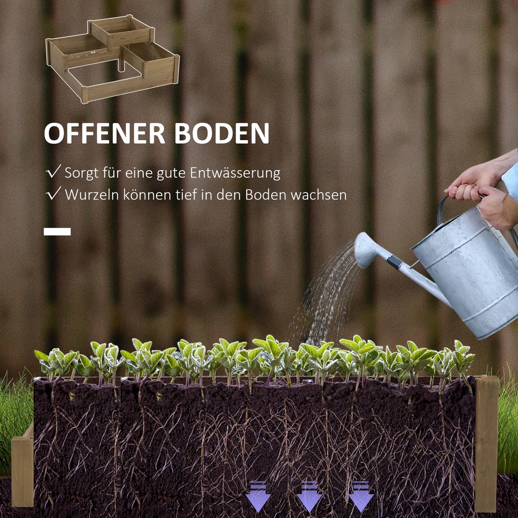 Outsunny Wysoki grząd, 4 pojemniki na zioła na 3 poziomach, odporny na warunki atmosferyczne, drewno lite, 122 cm x 122 cm x 51 cm, Naturalny