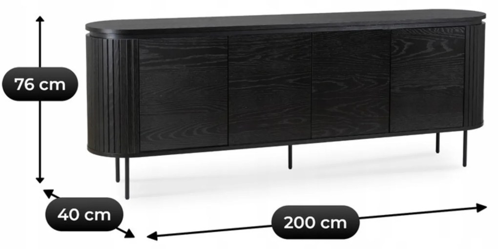 Komoda do Salonu BECK 200 cm Czarna Czterodrzwiowa Ryflowana Nowoczesna