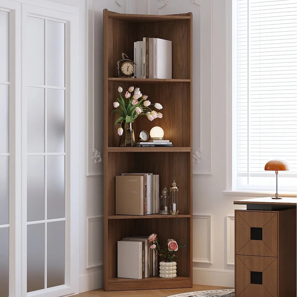 Regał narożny do salonu - 55 x 32 x 180 cm - imitacja orzecha - płyta MDF - brązowy