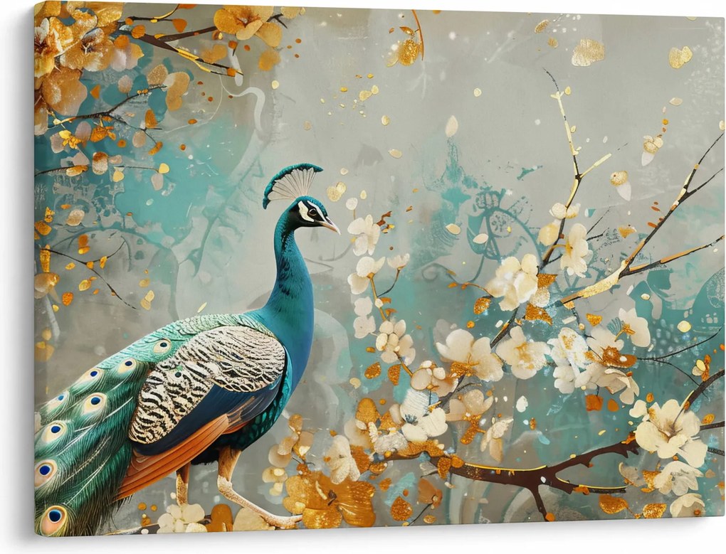 Obraz - Paw ze złotą dekoracją (70x50 cm)