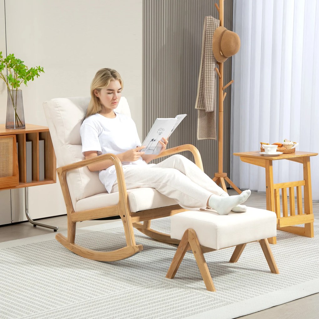 HOMCOM Fotel bujany z podnóżkiem, miękka tapicerka, wygląd lnu, drewniana rama, Kremowy