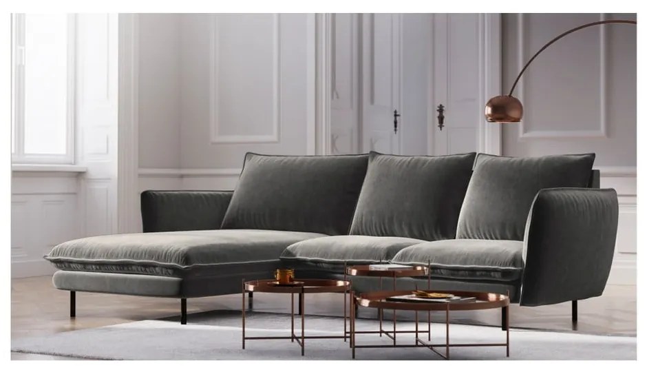 Ciemnoszara narożna aksamitna sofa lewostronna Cosmopolitan Design Vienna