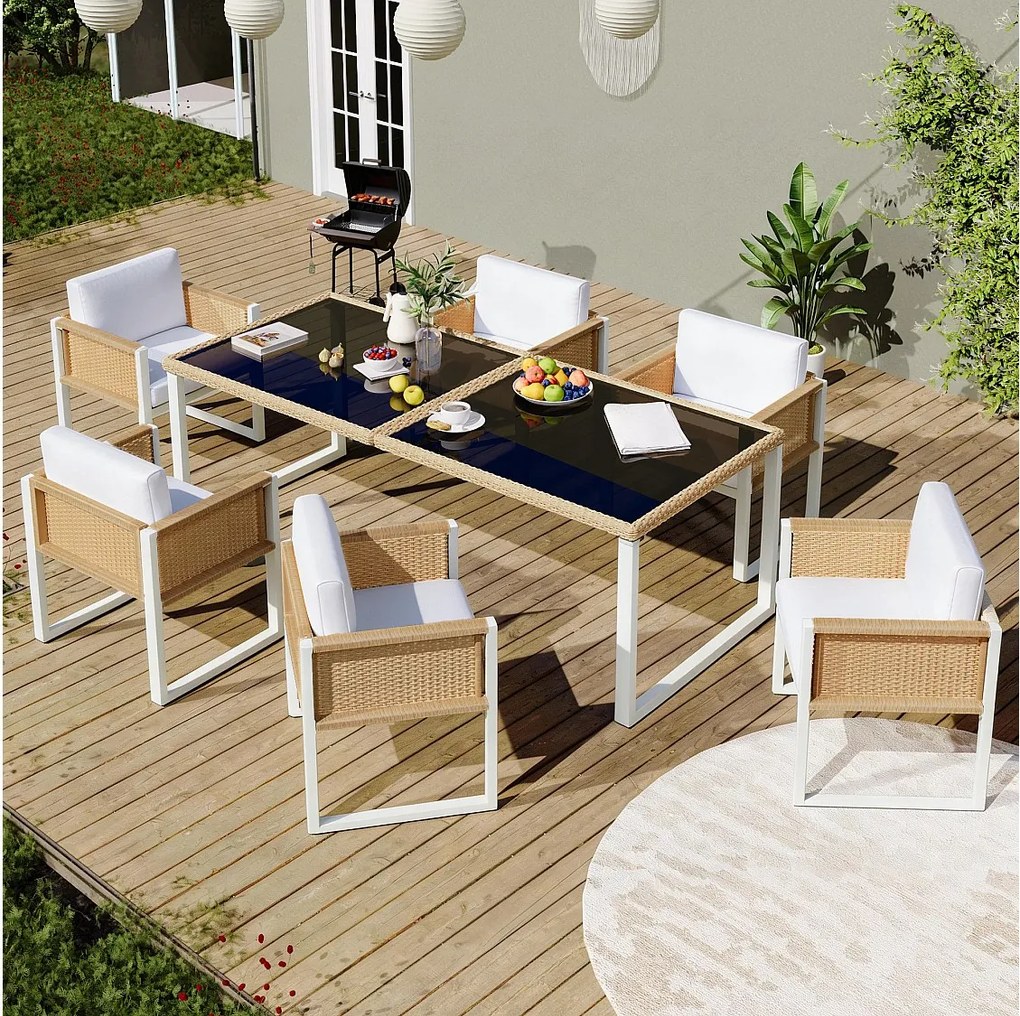 Zestaw ogrodowy z polirattanu, stół i krzesła, 7 elementów - 6 foteli + stół - rattan + tkanina - naturalny + biały