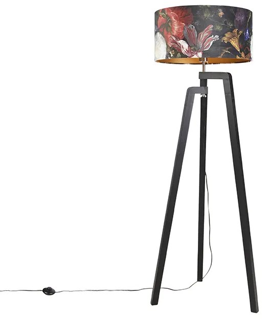 Lampa podłogowa trójnóg czarna z kloszem o wzorze kwiatowym 50 cm - Puros klasyczny/Antyczny Oswietlenie wewnetrzne