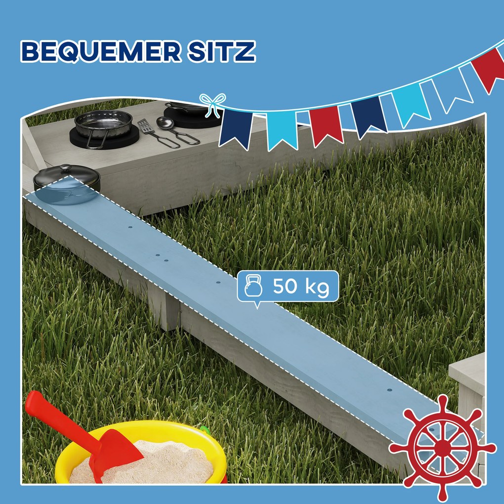 Outsunny Piaskownica Piracki Statek z Daszkiem i Zestawem Kuchennym dla Dzieci, Drewno, 180 x 103 x 144,5 cm, Szara