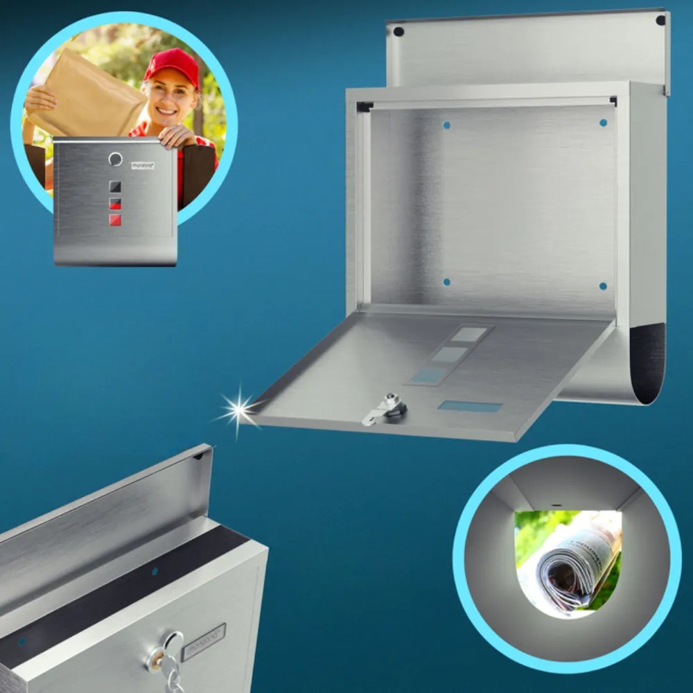 Monzana Skrzynka pocztowa z tubą na gazety POST, 30,5x10x33,5cm, srebrna