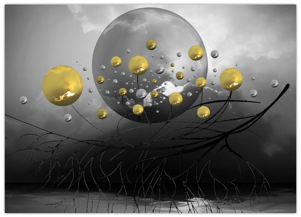 Obraz na szkle - złote abstrakcyjne kule (70x50 cm)