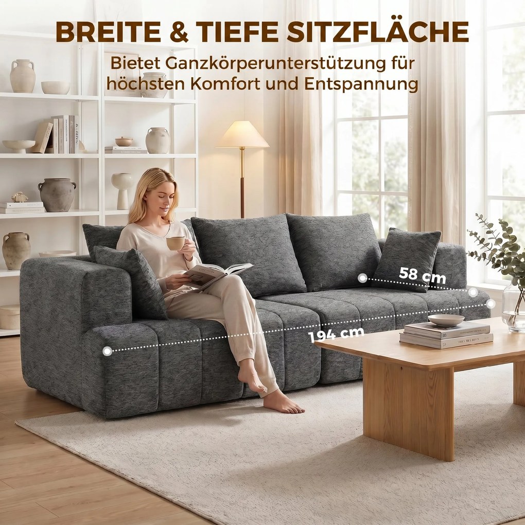 HOMCOM Sofa 3-osobowa, Cloud-sofa z Chenille z grubą warstwą i kieszeniowymi sprężynami, szerokie i głębokie siedzisko, szerokie podłokietniki, poduszki, szara | Aosom PL