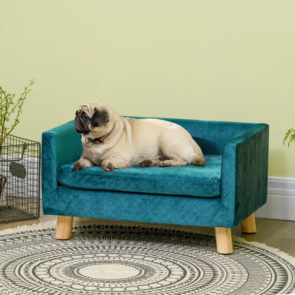 PawHut Sofa dla psa łóżko dla psa kanapa z weluru z oparciem, nogi drewniane, poduszka, do 8 kg 64 x 45 x 36 cm Niebieski | Aosom PL