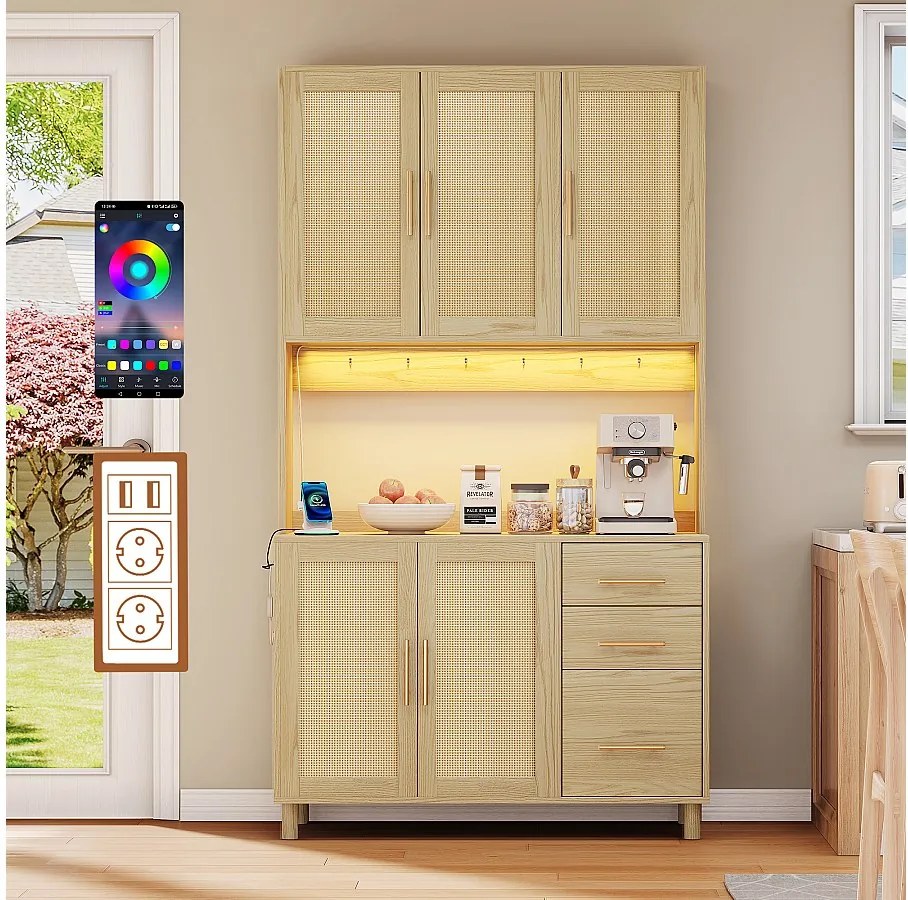 Komoda kuchenna z diodami LED - 100 x 40 x 183 cm - z USB + gniazdkami + regulowane półki + 3 szuflady - MDF - naturalny