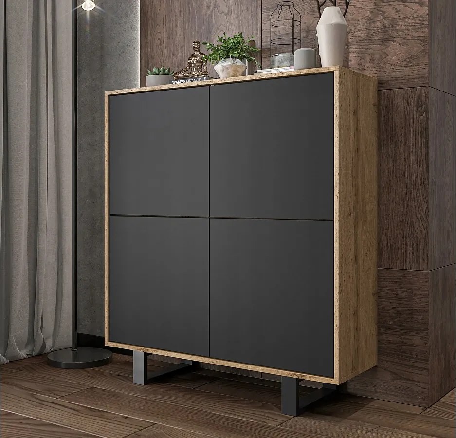 Komoda z 4 drzwiami - korpus dąb wotan fronty czarny mat - 113 cm, metalowe nogi