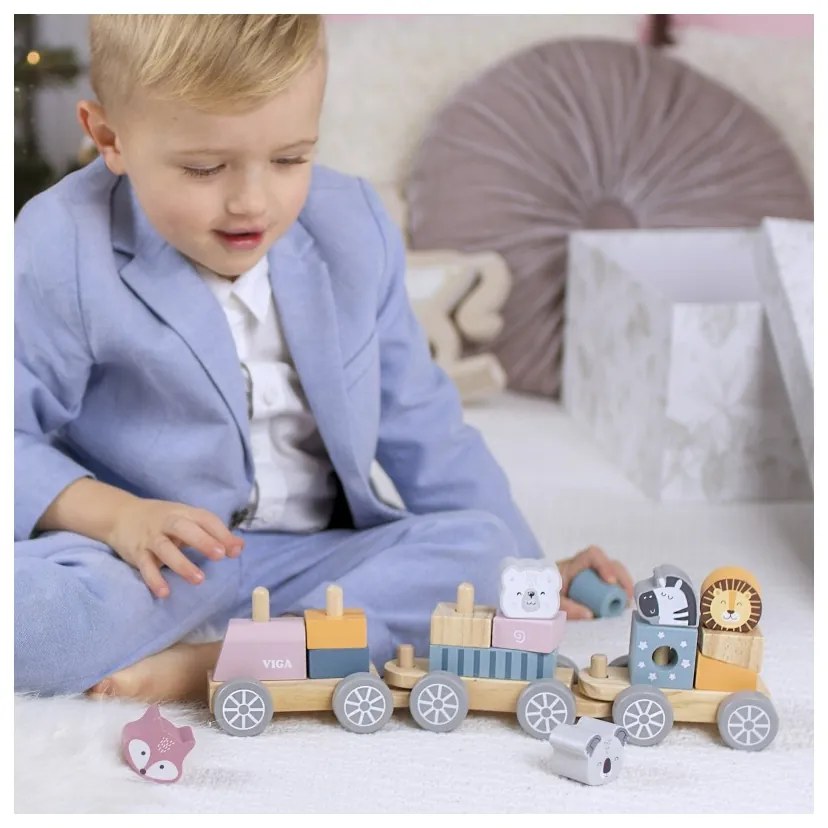 Viga polarb drewniana kolejka z wagonikami i zwierzątkami do ciągnięcia montessori