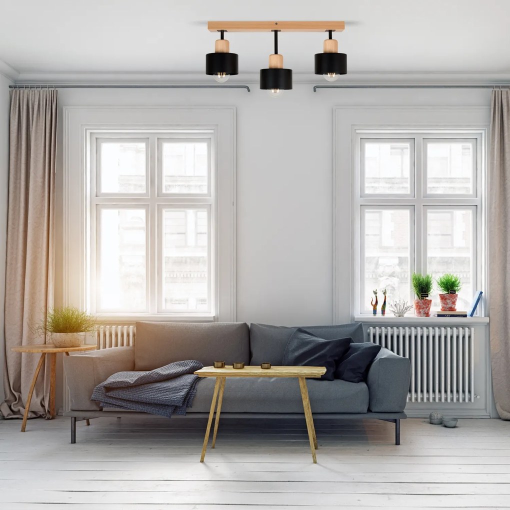 Czarna lampa sufitowa, trzypunktowy spot DSC50x7BU z drewna i metalu E