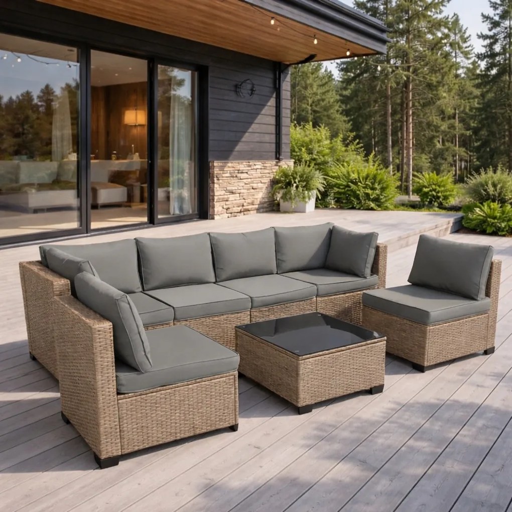 Modułowy narożnik ogrodowy Caldoro technorattan, naturalny, poduszki szare