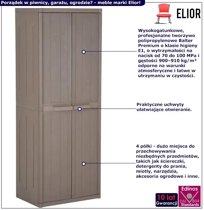 Brązowa szafa gospodarcza dwudrzwiowa z 4 półkami L6-N88