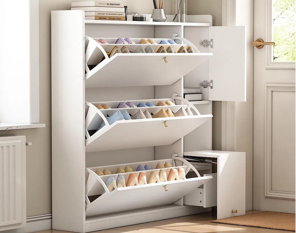 Wielofunkcyjny mebel na buty 119x24x122cm - z 3 składanymi szufladami - z składanym ławą - z drzwiami - biały