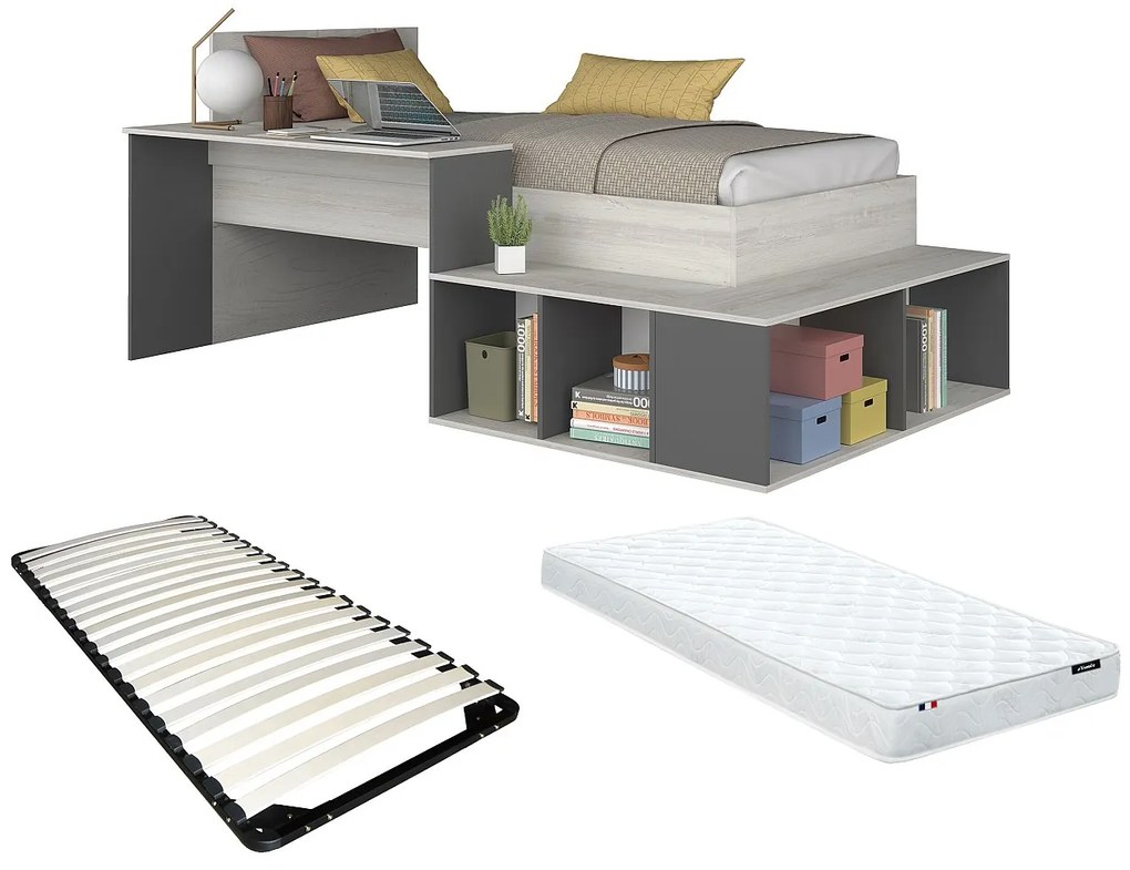 Łóżko wielofunkcyjne 90 × 200 cm z ze skrzynią  i biurkiem – naturalne i antracytowe + stelaż + materac – RIGALI