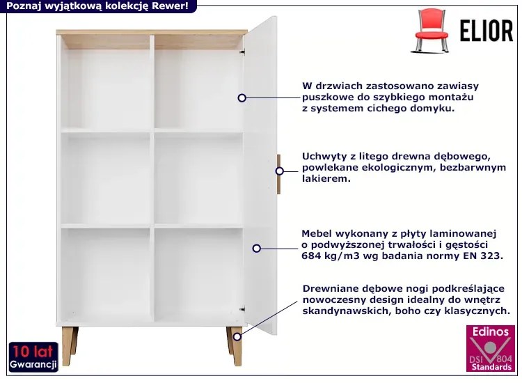 Nowoczesny regał na dębowych nóżkach biały + hikora - Rewer 7X