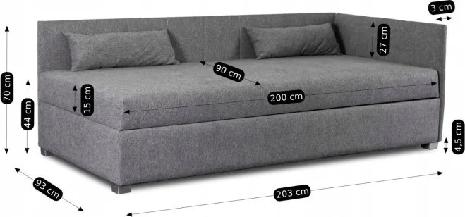 Łóżko Tapczan Młodzieżowe KARO 2 90x200 cm Narożne Szare