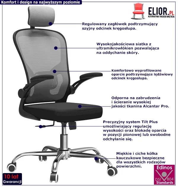 Szary Ergonomiczny Fotel Biurowy Do Komputera Obrotowy E2-N74