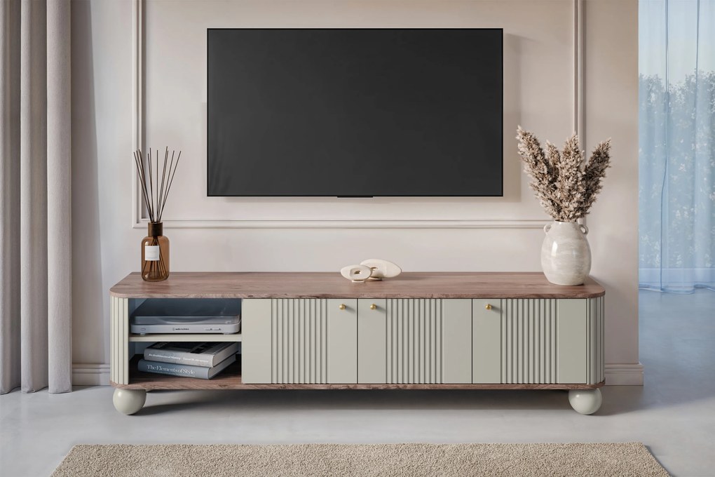Szafka RTV Vesper 3D 187 cm - kaszmir / orzech / złote uchwyty / nogi kule