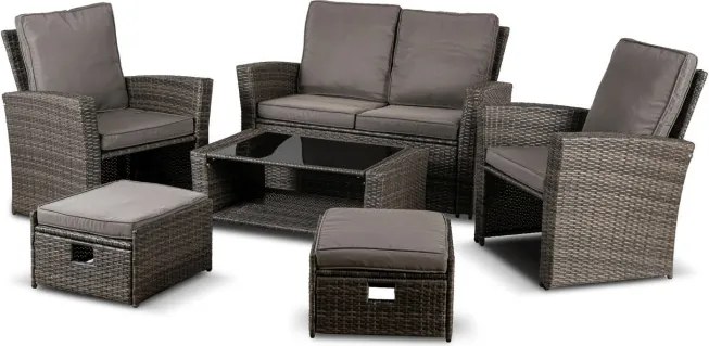 Zestaw Mebli Ogrodowych DELGADO Szary Sofa Fotele Pufy Stolik Technorattan Nowoczesny