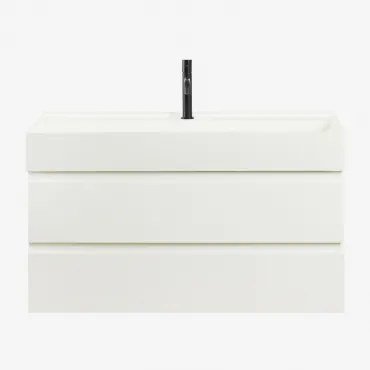 Zestaw Wiszących Mebli Łazienkowych Z Drewna I Forniru Jesionowego Zintegrowany Z Umywalką Ona Biała & Bezlusterkowiec - Sklum