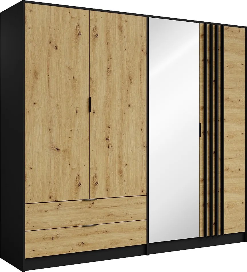 Szafa 4-drzwiowa z 2 szufladami - Z lustrem - szer. 220 cm - Czarny i naturalny - TUNALO
