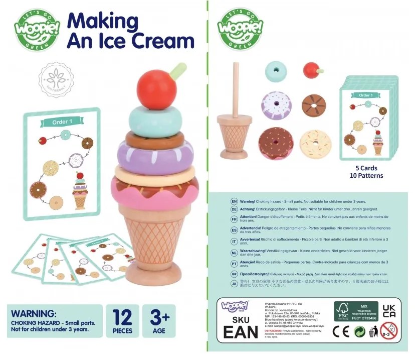 Woopie green drewniane lody układanka montessori cukiernia 12 el. fsc