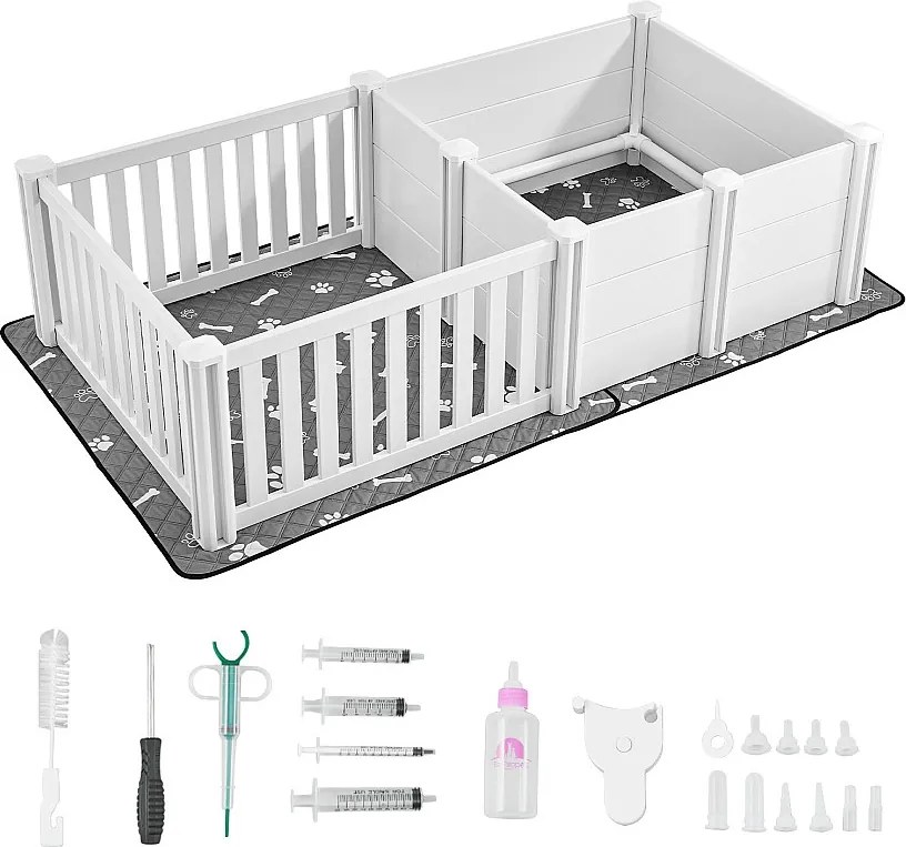 Boksu Wykotowy SucceBuy dla Psa, 186,5x97x50 cm, Skrzynka Wykotowa dla Szczeniąt, z Drzwiami o Regulowanej Wysokości, Plastikowa Skrzynka Porodowa PVC